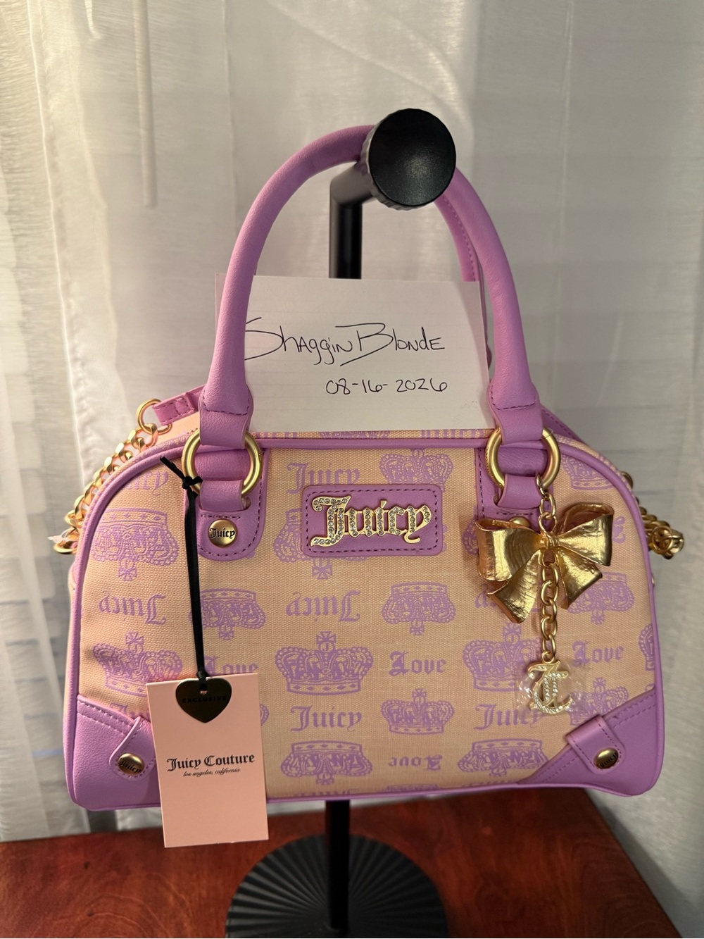 NWT Juicy Couture Pink Diamond/Violet Vintage Couture Bowler with Gold Bow Charm